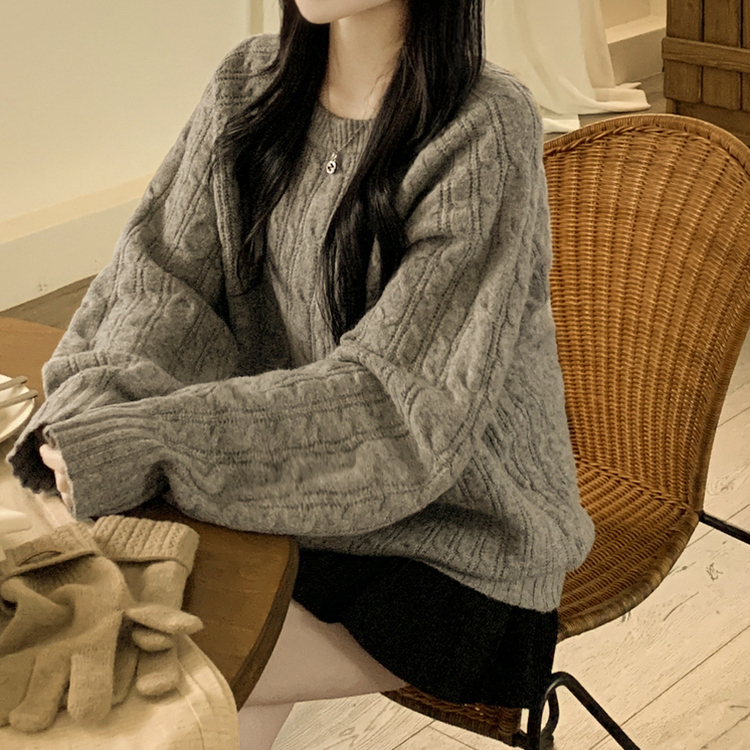 도톰 폭닥 꽈배기 케이블 라운드 오버핏 겨울 울니트 빅사이즈 그레이