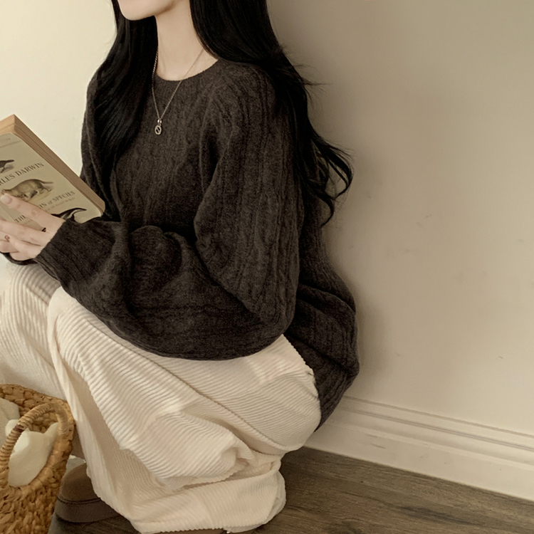 도톰 폭닥 꽈배기 케이블 라운드 오버핏 겨울 울니트 빅사이즈 브라운