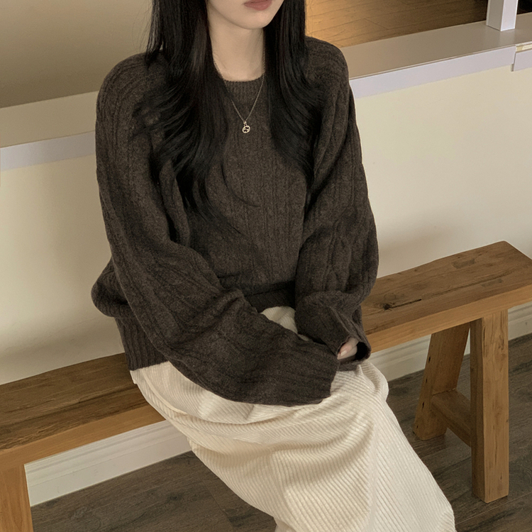 도톰 폭닥 꽈배기 케이블 라운드 오버핏 겨울 울니트 빅사이즈 브라운