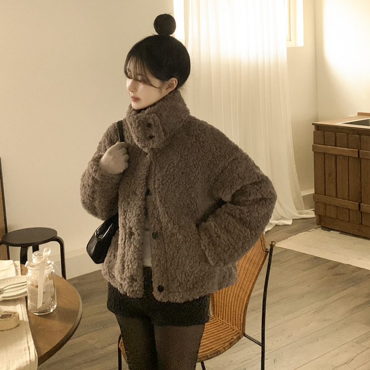 ウールハイネックスエードムートンジャンパー CHARCOAL