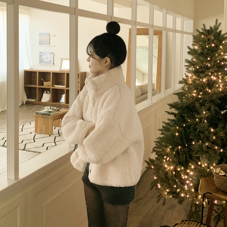 ウールハイネックスエードムートンジャンパー IVORY