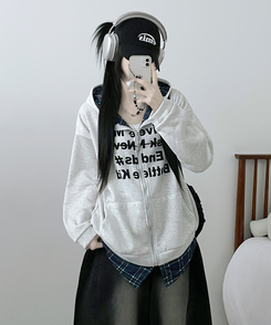 레터링체크셔츠레이어드투웨이박스핏기모후드집업 백멜란지