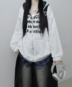 레터링체크셔츠레이어드투웨이박스핏기모후드집업 백멜란지