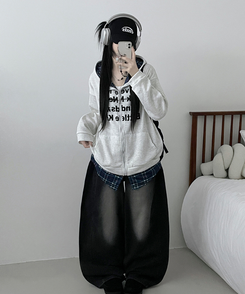 레터링체크셔츠레이어드투웨이박스핏기모후드집업 백멜란지