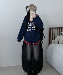 레터링체크셔츠레이어드투웨이박스핏기모후드집업 네이비