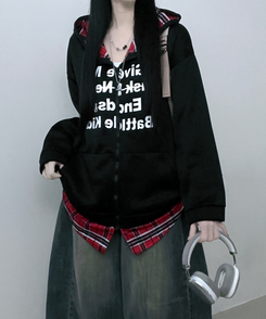 레터링체크셔츠레이어드투웨이박스핏기모후드집업 블랙