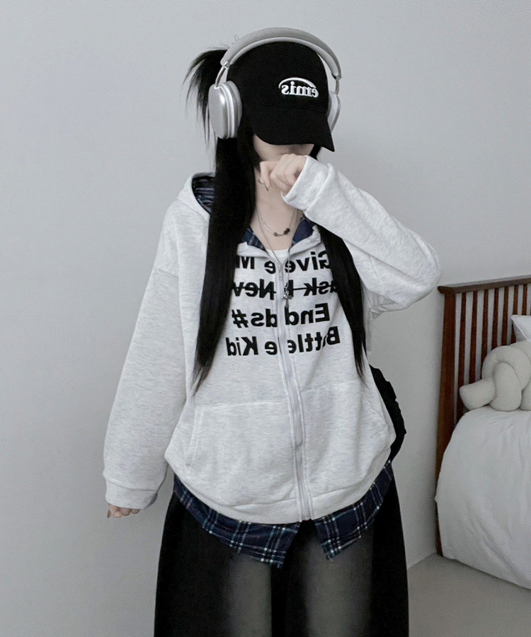 레터링체크셔츠레이어드투웨이박스핏기모후드집업 백멜란지