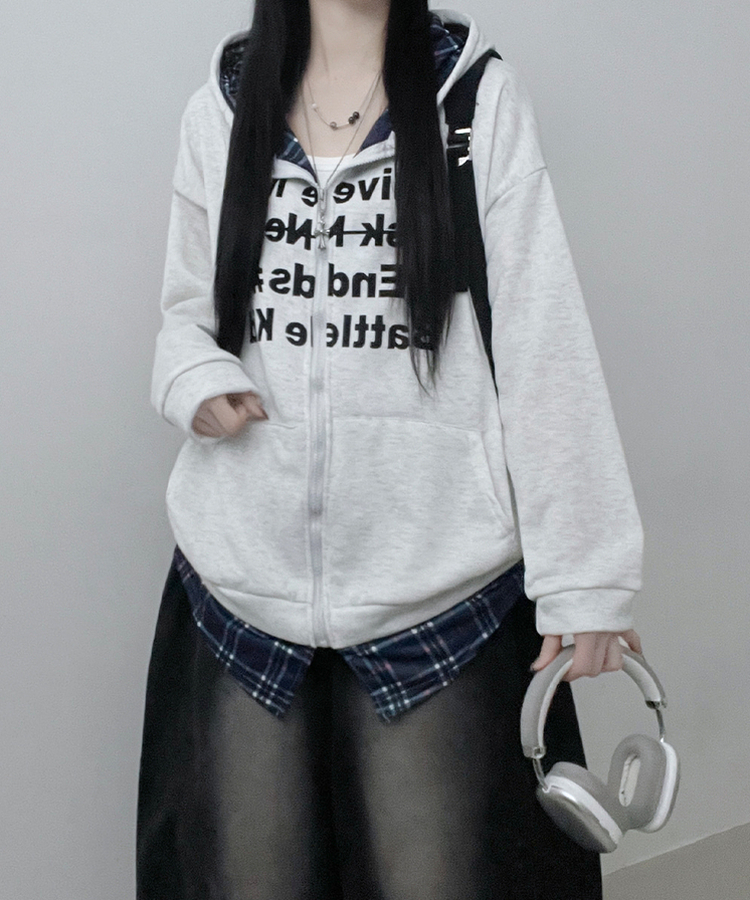 레터링체크셔츠레이어드투웨이박스핏기모후드집업 백멜란지