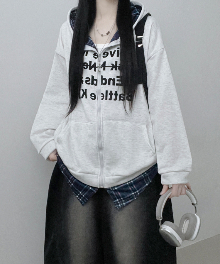 레터링체크셔츠레이어드투웨이박스핏기모후드집업 백멜란지