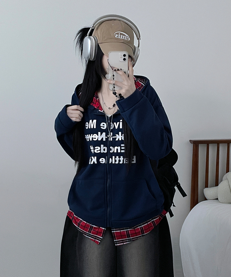 레터링체크셔츠레이어드투웨이박스핏기모후드집업 네이비