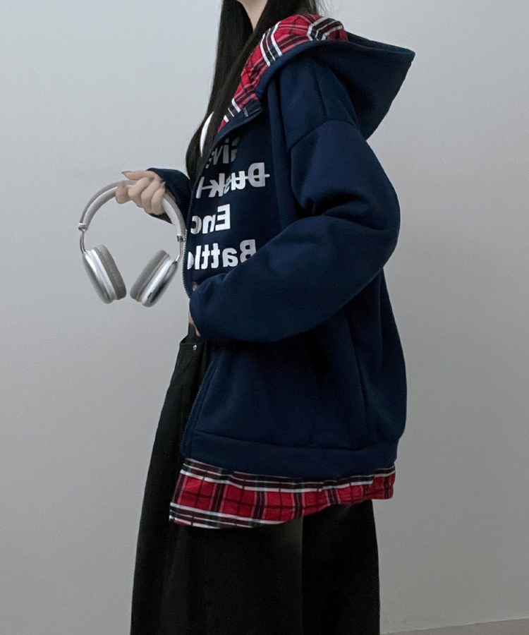 레터링체크셔츠레이어드투웨이박스핏기모후드집업 네이비