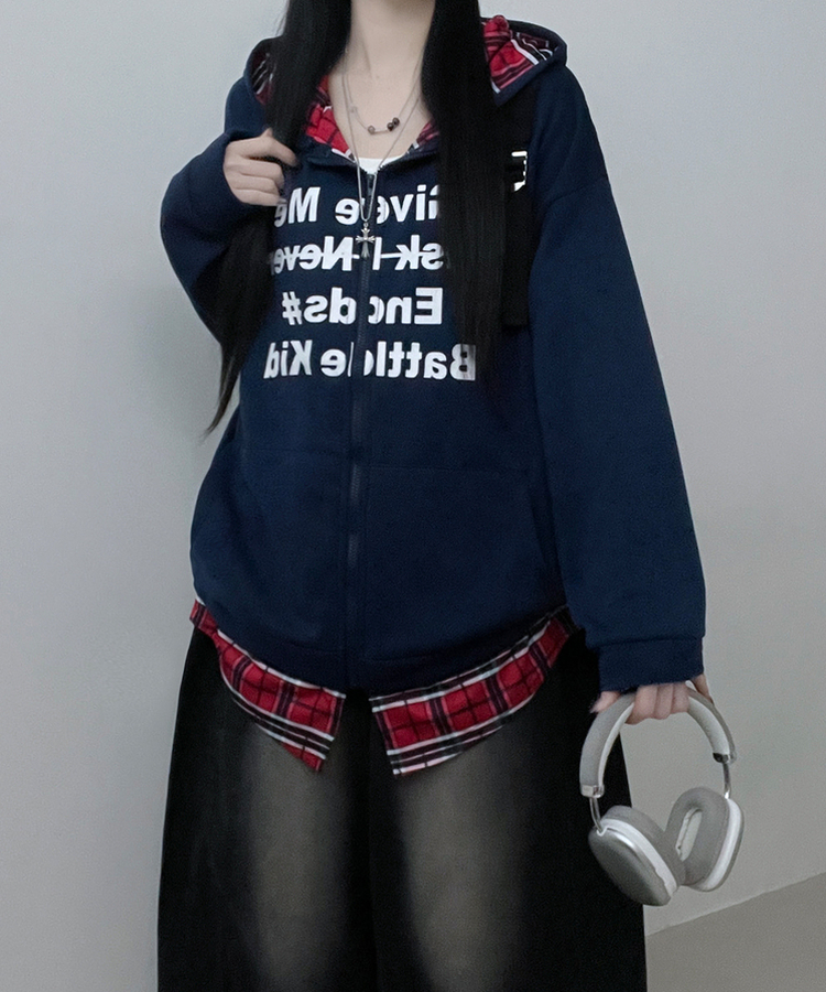 레터링체크셔츠레이어드투웨이박스핏기모후드집업 네이비