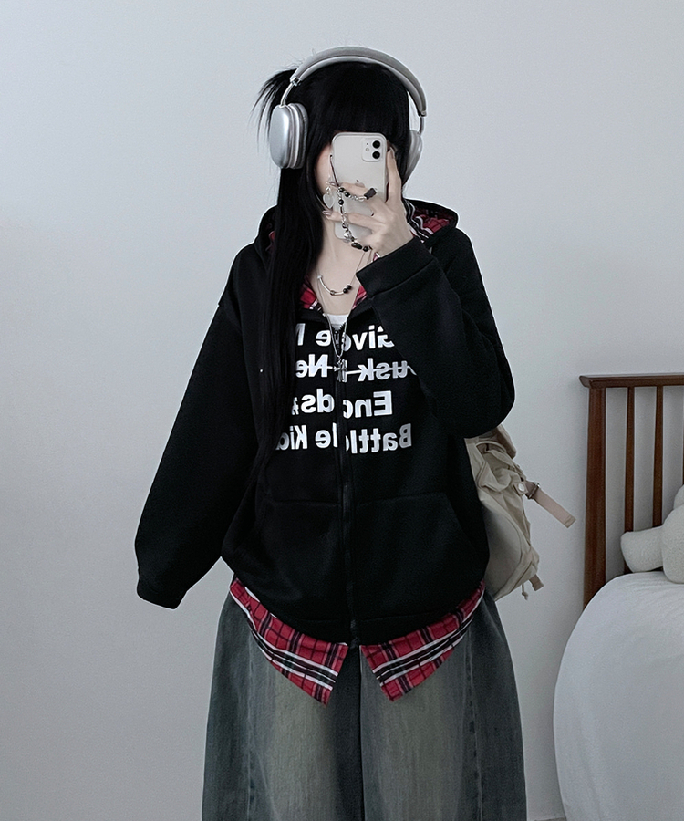 레터링체크셔츠레이어드투웨이박스핏기모후드집업 블랙