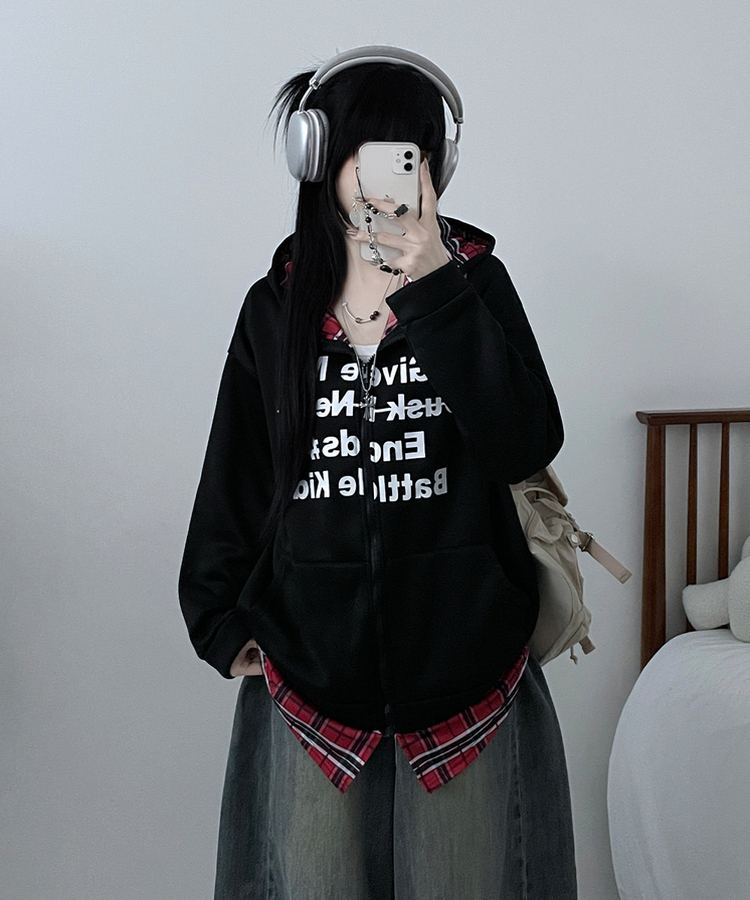 레터링체크셔츠레이어드투웨이박스핏기모후드집업 블랙