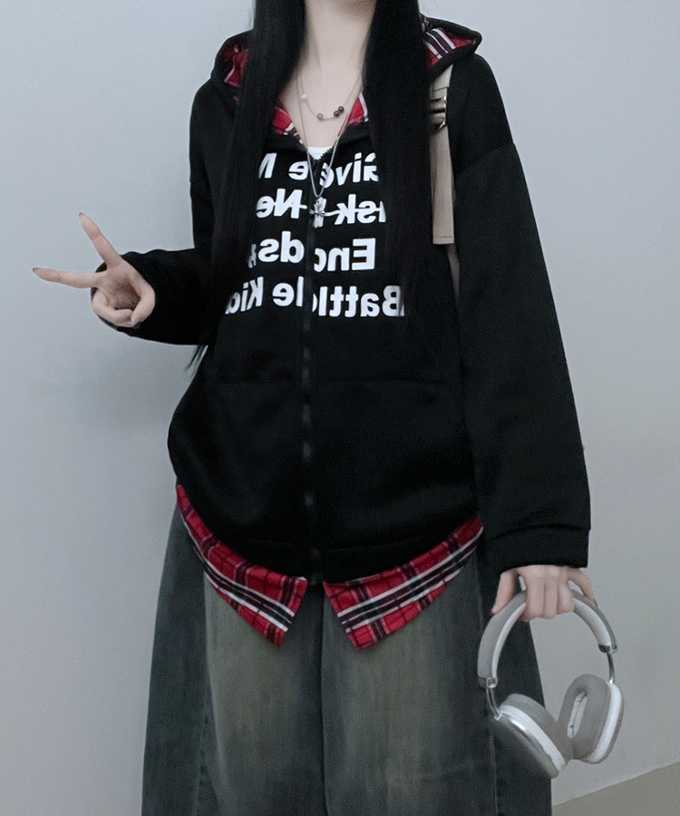 레터링체크셔츠레이어드투웨이박스핏기모후드집업 블랙