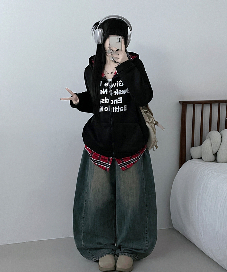 레터링체크셔츠레이어드투웨이박스핏기모후드집업 블랙