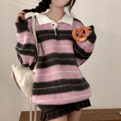 ストライプバイカラーアンゴラニット PINK