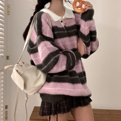 ストライプバイカラーアンゴラニット PINK