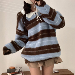 ストライプバイカラーアンゴラニット SKY BLUE