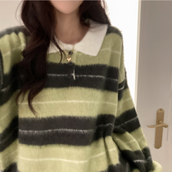 ストライプバイカラーアンゴラニット LIGHT GREEN