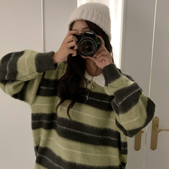 ストライプバイカラーアンゴラニット LIGHT GREEN