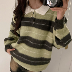 ストライプバイカラーアンゴラニット LIGHT GREEN