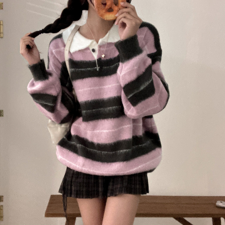 ストライプバイカラーアンゴラニット PINK