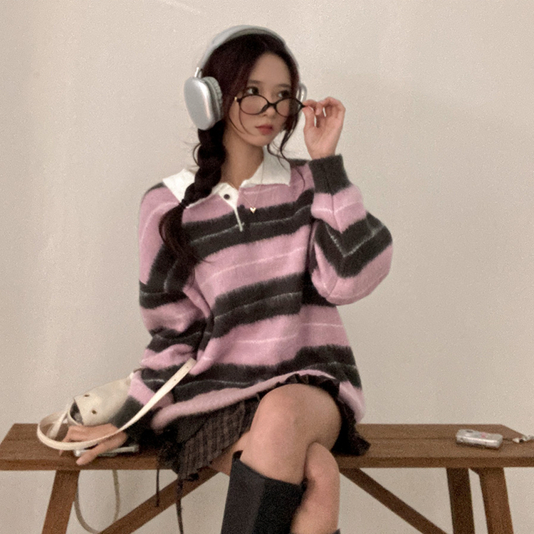 ストライプバイカラーアンゴラニット PINK