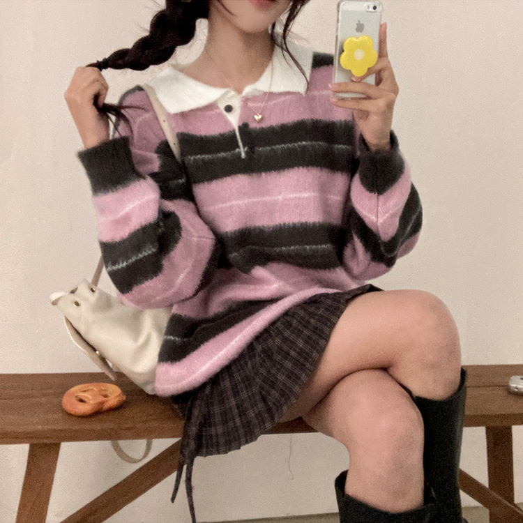 ストライプバイカラーアンゴラニット PINK