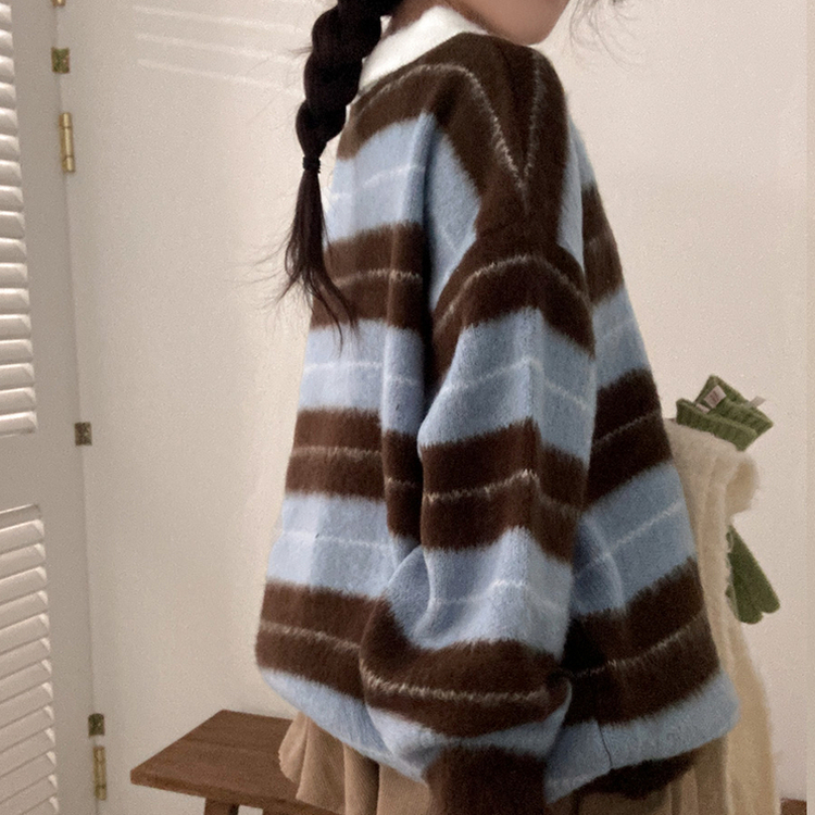 ストライプバイカラーアンゴラニット SKY BLUE