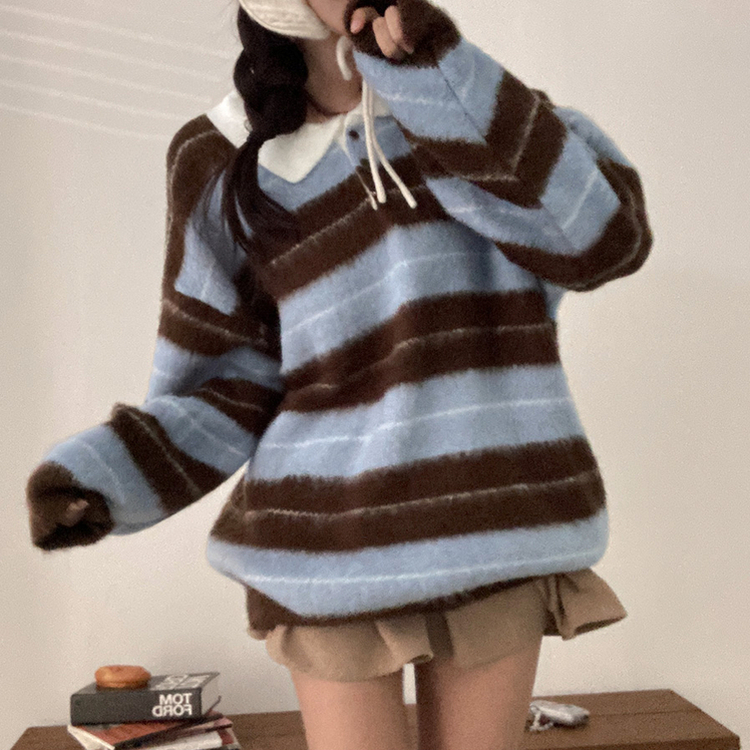 ストライプバイカラーアンゴラニット SKY BLUE