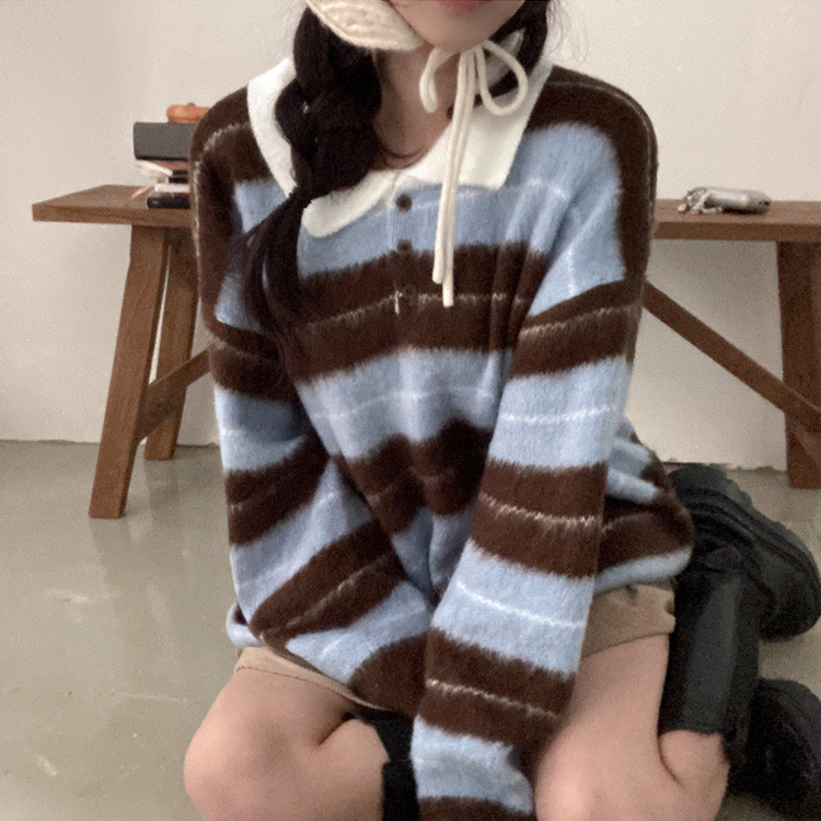 ストライプバイカラーアンゴラニット SKY BLUE