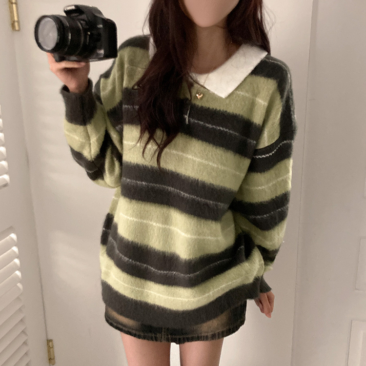 ストライプバイカラーアンゴラニット LIGHT GREEN