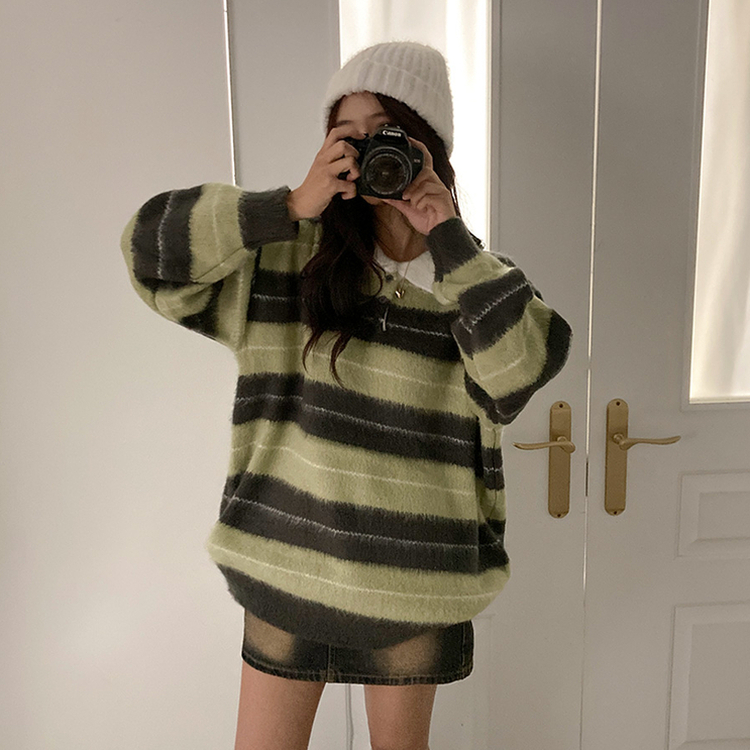 ストライプバイカラーアンゴラニット LIGHT GREEN