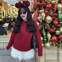 ケーブルウールワッフルニット RED