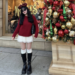 ケーブルウールワッフルニット RED