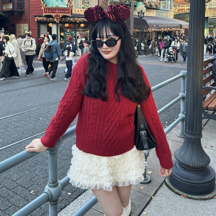 ケーブルウールワッフルニット RED