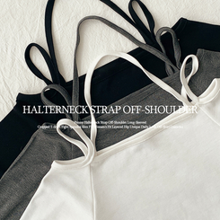 페니 홀터넥 스트랩 오프숄더 긴팔 크롭 티셔츠