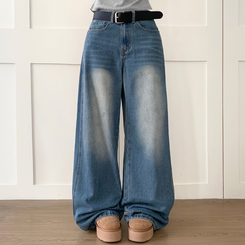 【丈別】ウォッシングハイウエストデニムパンツ MID DENIM