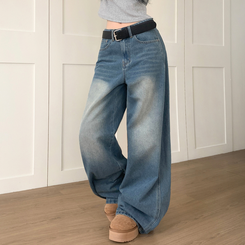 【丈別】ウォッシングハイウエストデニムパンツ MID DENIM