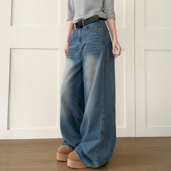 【丈別】ウォッシングハイウエストデニムパンツ MID DENIM