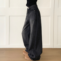 【丈別】ウォッシングハイウエストデニムパンツ BLACK DENIM