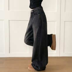 【丈別】ウォッシングハイウエストデニムパンツ BLACK DENIM