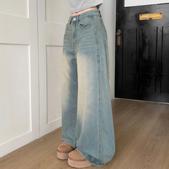 【丈別】ウォッシングハイウエストデニムパンツ YELLOW TEAN