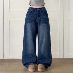 【丈別】ウォッシングハイウエストデニムパンツ DEEP DENIM