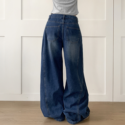 【丈別】ウォッシングハイウエストデニムパンツ DEEP DENIM