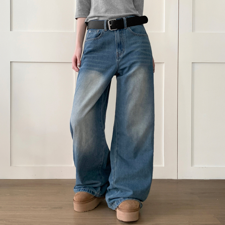 【丈別】ウォッシングハイウエストデニムパンツ MID DENIM