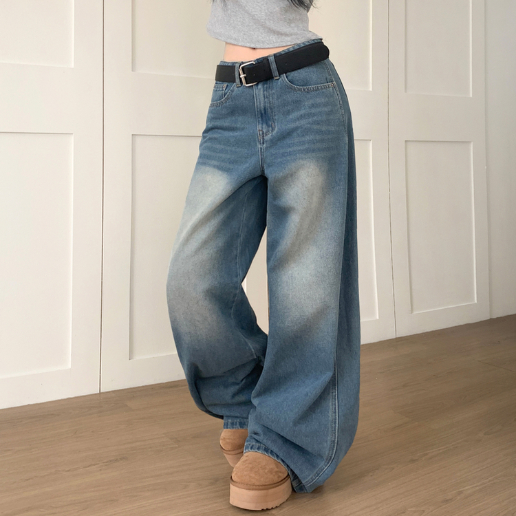 【丈別】ウォッシングハイウエストデニムパンツ MID DENIM