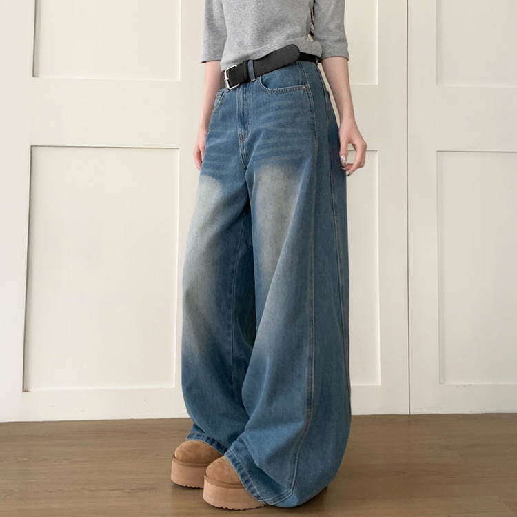 【丈別】ウォッシングハイウエストデニムパンツ MID DENIM