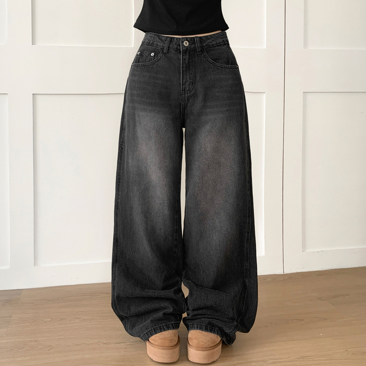 【丈別】ウォッシングハイウエストデニムパンツ BLACK DENIM